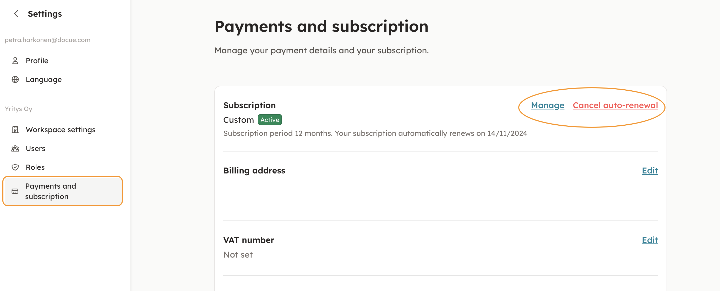 Screenshot 2: Then choose "Payments and subscription". You can either manage or cancel your subscription.