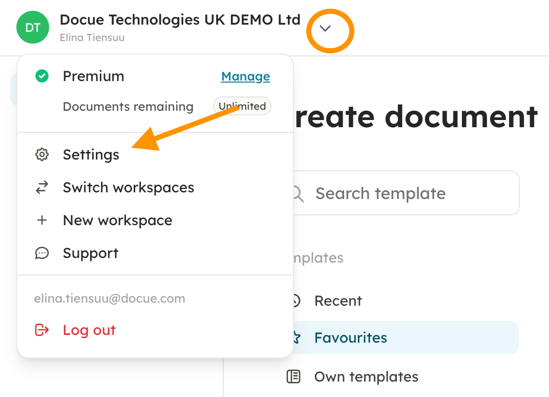 Screenshot 1: You can change your personal information in Docue by clicking your name or the company name in the top left corner and then clicking "Settin