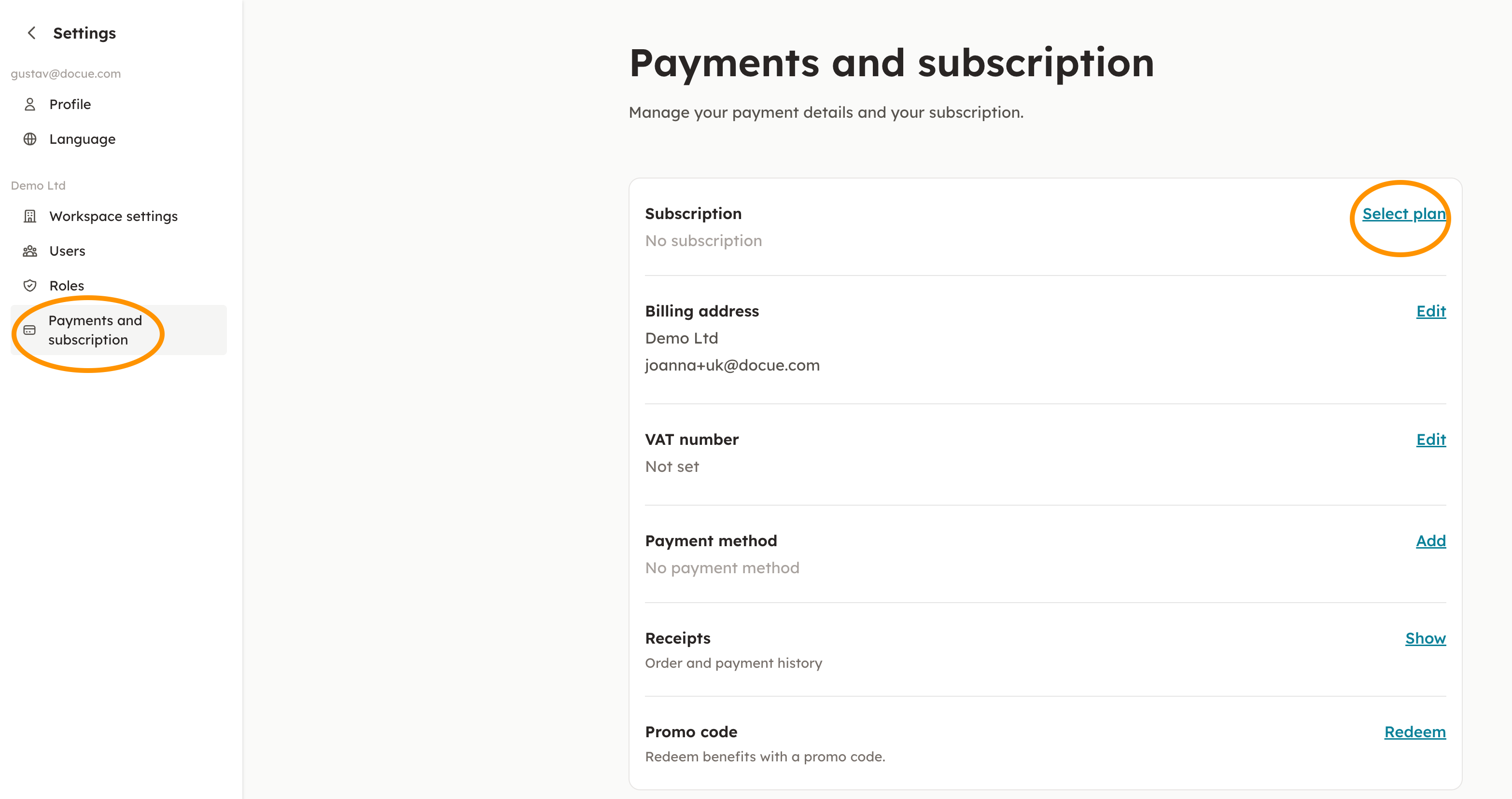 Screenshot 1: If you don't have a subscription yet, go to "Settings" by choosing your account name from the top left corner of the page. Click Payment and