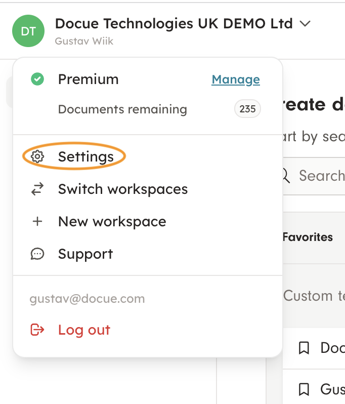 Screenshot 1: Admins in the platform can remove other users from the workspace:1. Go to settings (on the front page in the upper left corner, when you cli
