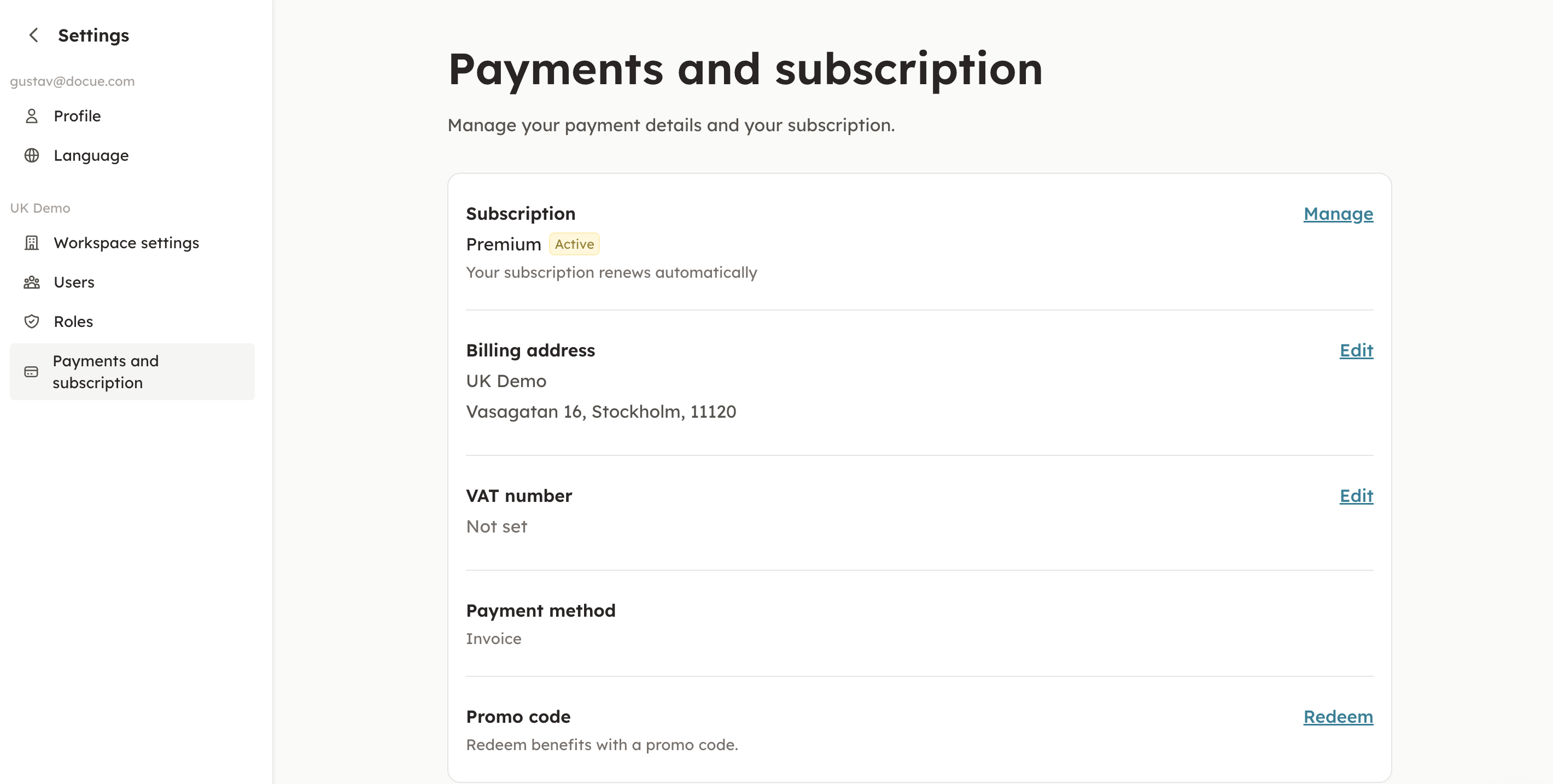 Screenshot 2: 2. Go to "Settings" and then "Payments and subscription". Fill in your billing information and press save.