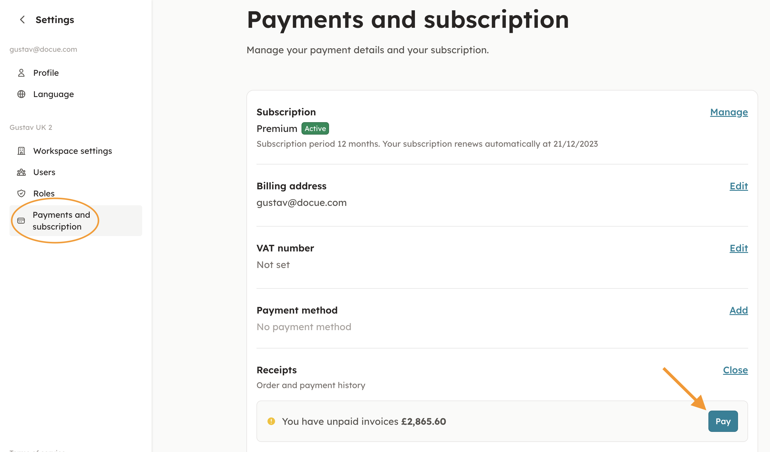 Screenshot 2: By clicking on the banner you'll be redirected to "Settings" and "Payment and subscription". If you came through settings, go to "Payment an