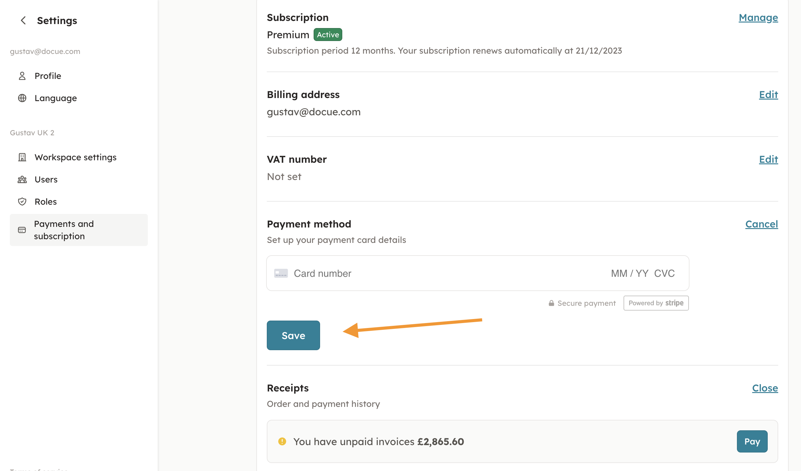 Screenshot 3: You can now choose to either put in your card in "Payment method" or in "Receipts". When you're finished, click on save.