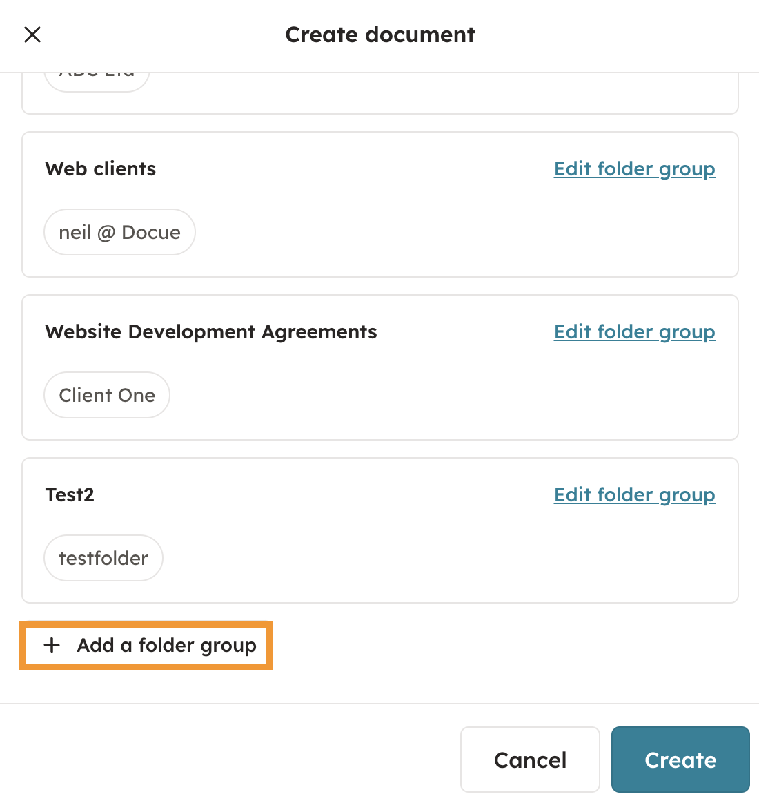 Screenshot 8: You can create new folder groups when creating a document by choosing "Create document" and then"add a folder group". If you do not want to 