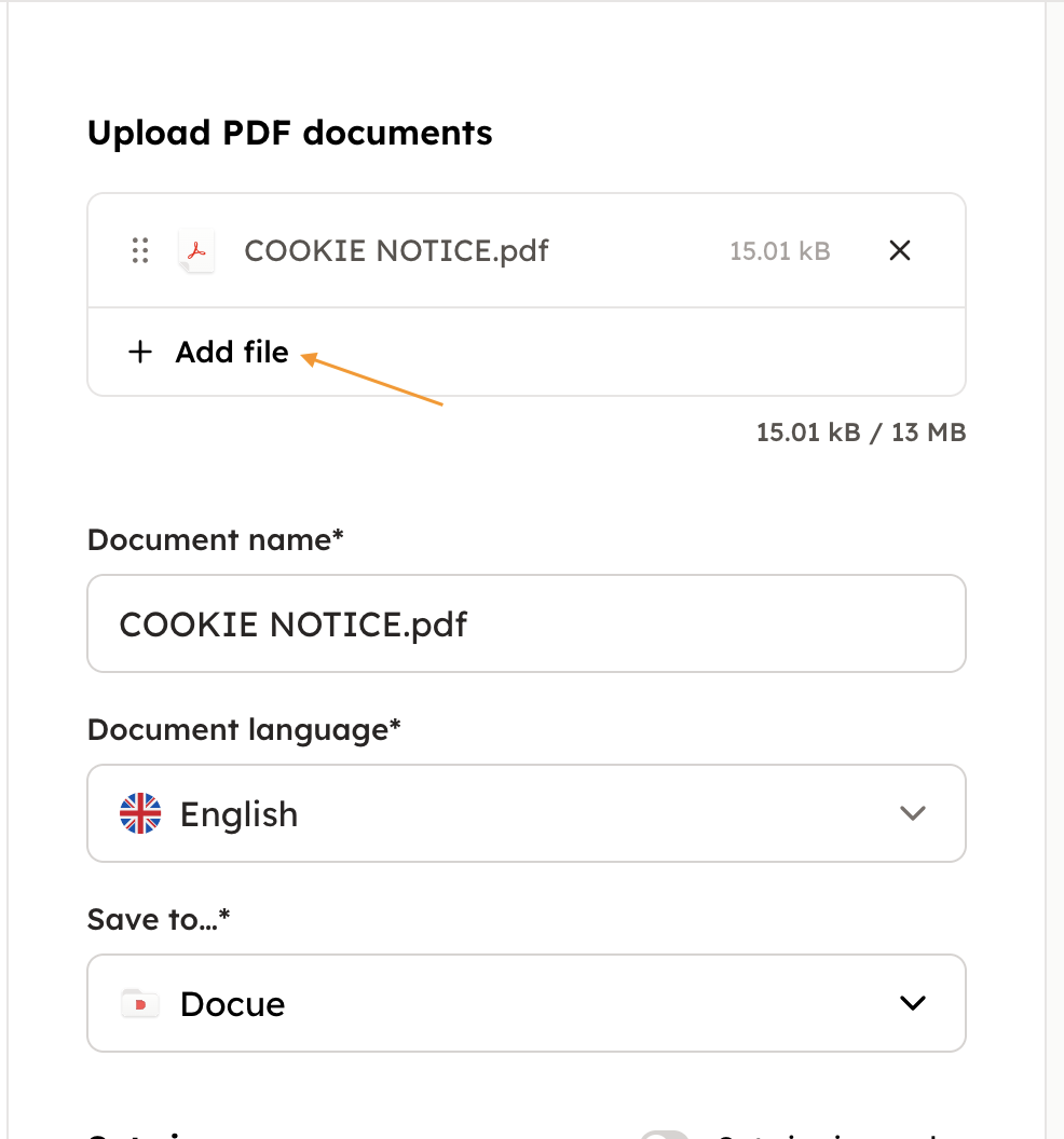 Screenshot 2: 2. When imported, the language and name of the document can be changed. By clicking "Add file" you can add more documents as attachments to 
