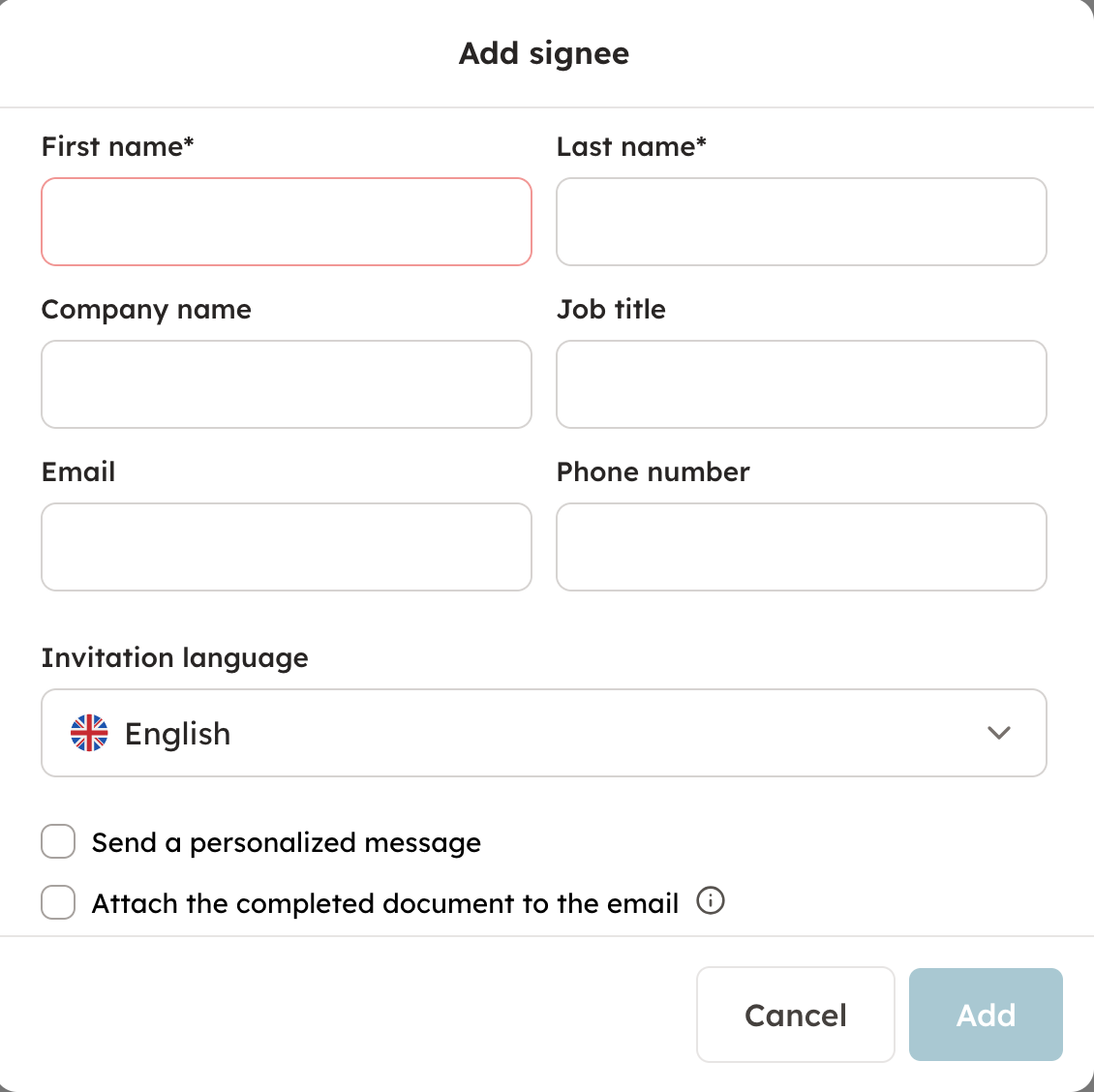 Screenshot 4: You can choose the language of every individual signing invite, and add a personalized message if you wish. If you want the finished documen