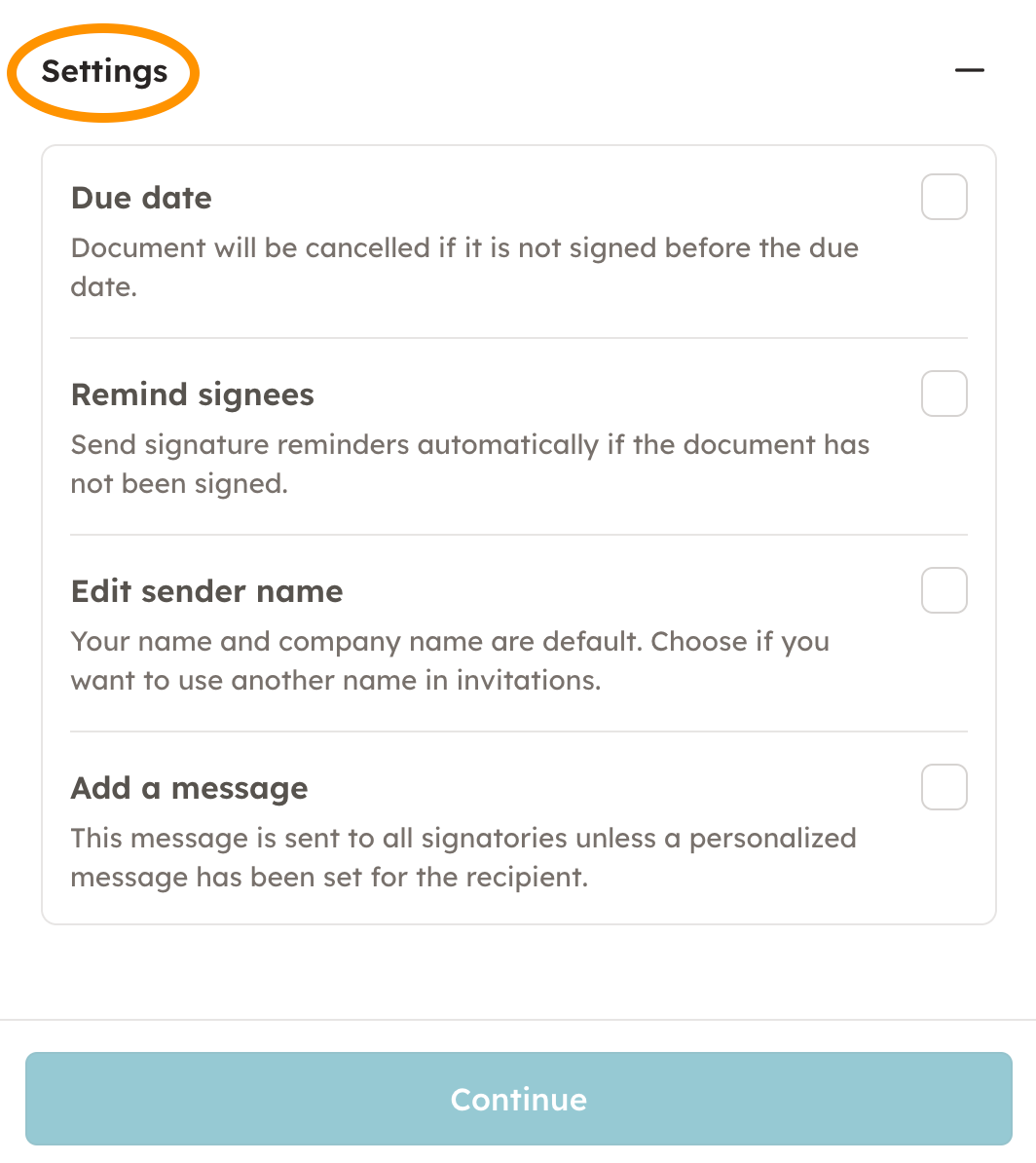 Screenshot 6: Choose "Continue" when you are ready to complete the document.