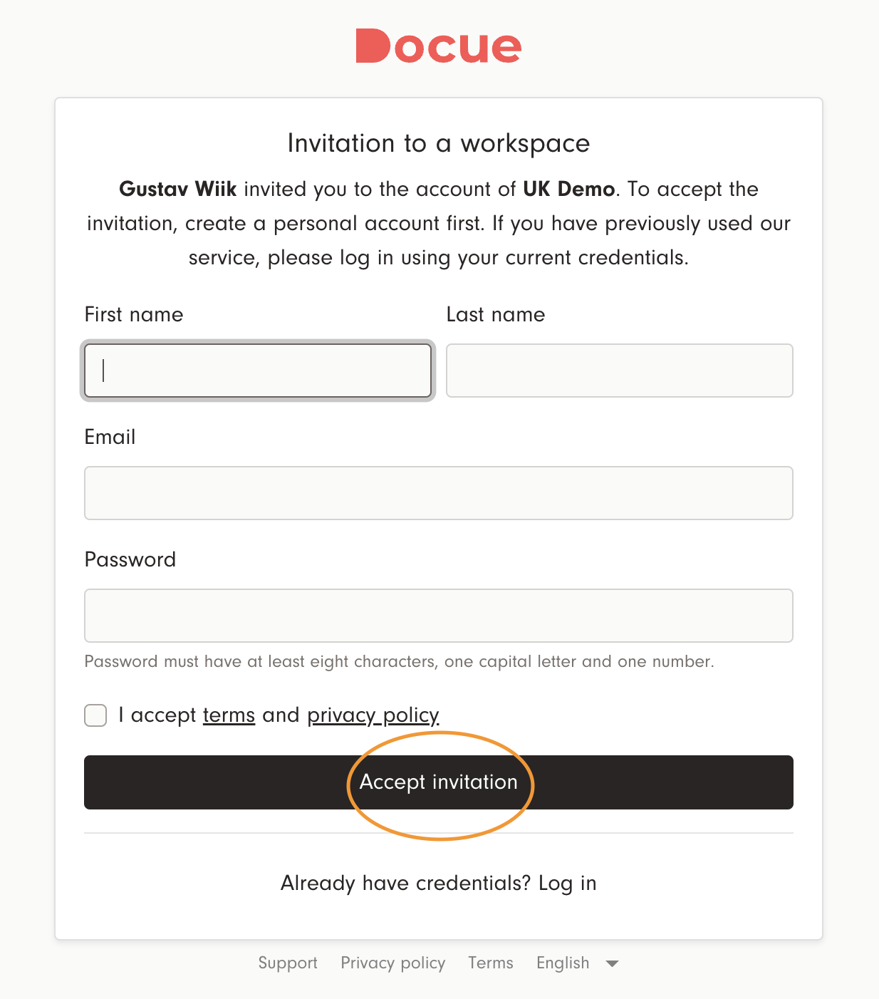 Screenshot 2: 2. If you don't have an account, create log in credentials and accept the terms and conditions. If you already have an account, choose "Alre