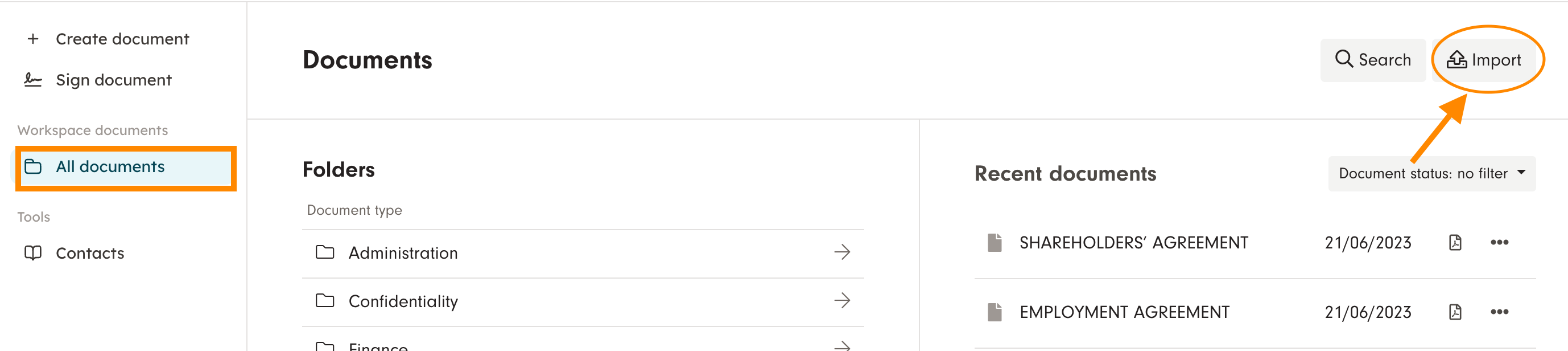 Screenshot 1: Go to "All documents" and choose "Import"