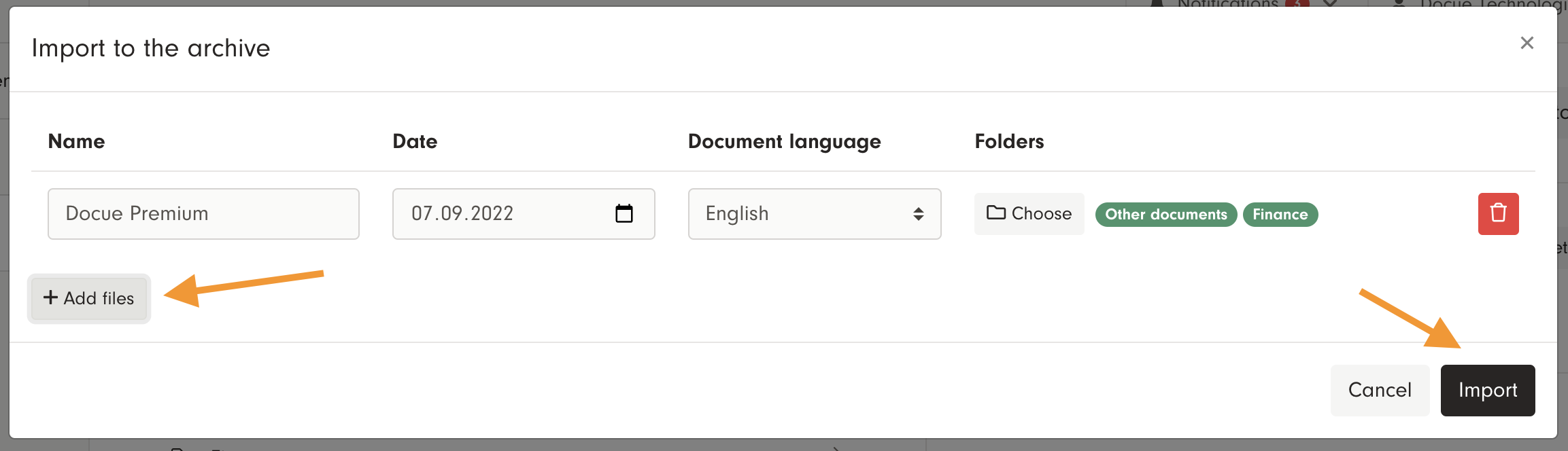 Screenshot 3: Choose the file on your computer and if necessary change the folder in which the document should be archived. To change the folder, press "C