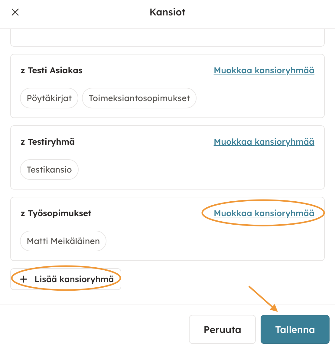 Kuvakaappaus 3: Uusien kansioiden luominen onnistuu arkistossa jokaisen asiakirjan arkistokortilta. Mene ensin kohtaan Kansiot ja valitse sitten Muokkaa. Li