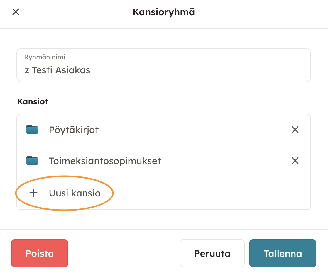 Kuvakaappaus 4: Jos valitset "Muokkaa kansioryhmää" voit lisätä ryhmään uuden kansion: