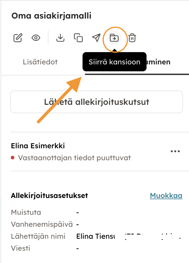 Kuvakaappaus 7: Voit siirtää asiakirjan kansioon tai kansiosta toiseen klikkaamalla Asiakirjat-osiossa haluamaasi asiakirjaa ja valitsemalla oikealle avautu