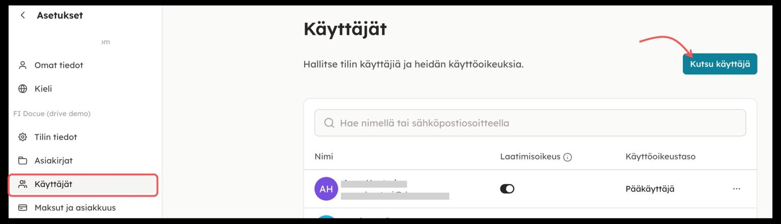 Käyttäjän kutsuminen, Docue Drive