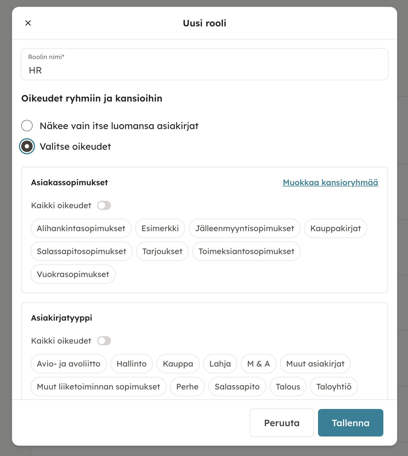 Kuvakaappaus 5: Vaikka asiakirjojen näkyvyyttä rajataan, kaikilla käyttäjillä on aina pääsy itse luomiinsa asiakirjoihin. Huomioi myös, että nähdäkseen tiet