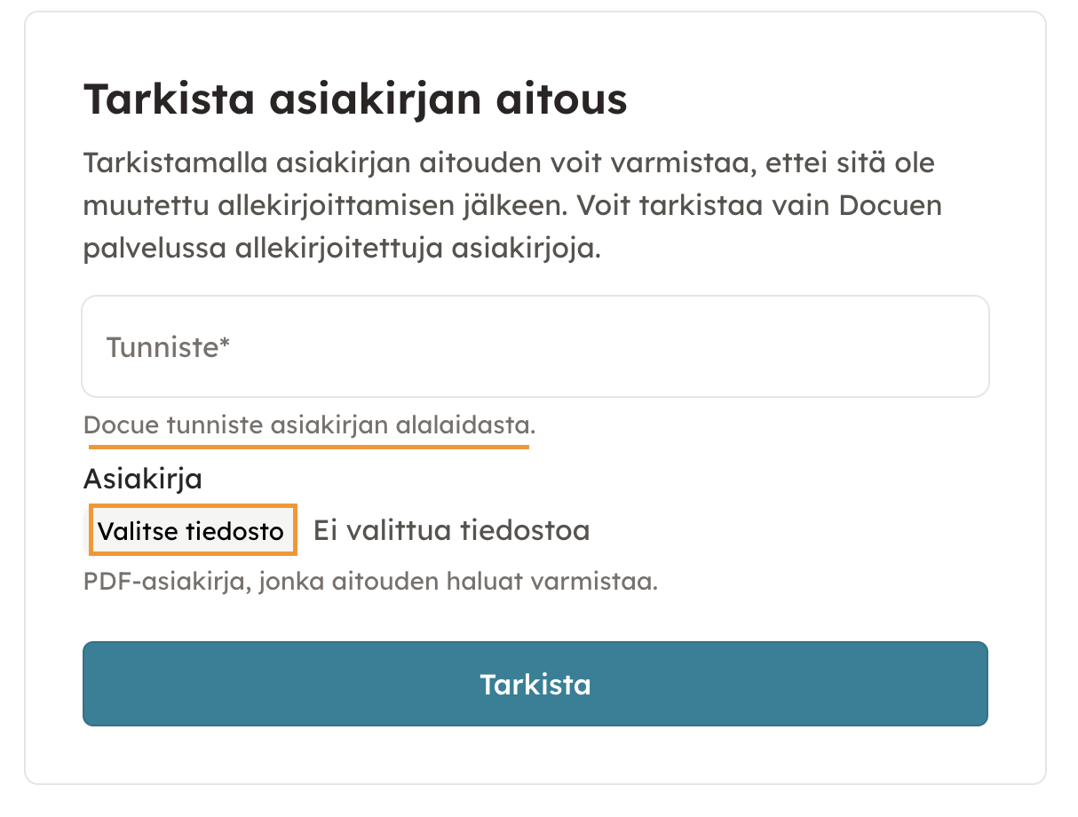 Kuvakaappaus 1: Kosketusnäyttöallekirjoitus:Asiakirjan muuttumattomuuden voi tarkistaa Docuen palvelun kautta osoitteessa https://app.docue.com/verify. Täyt