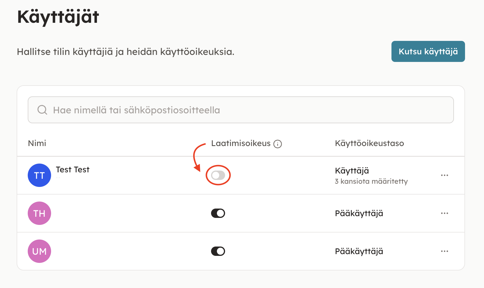 Kuvakaappaus 2: Tilin pääkäyttäjä voi asettaa käyttäjien laatimisoikeuden päälle ja pois päältä: