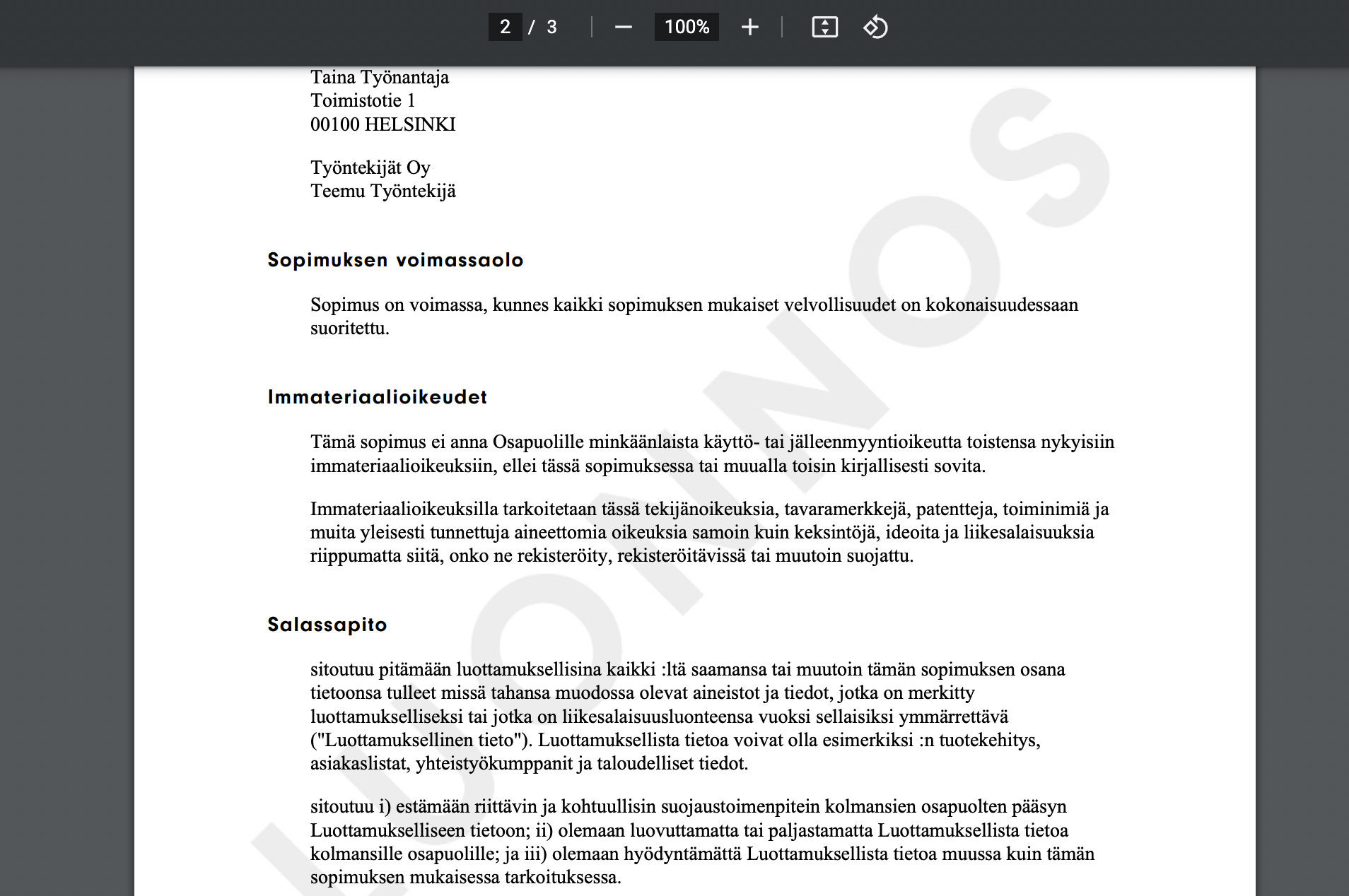 Kuvakaappaus 1: Luonnos-leima poistuu asiakirjalta kun allekirjoitustavan valinta on vahvistettu.
