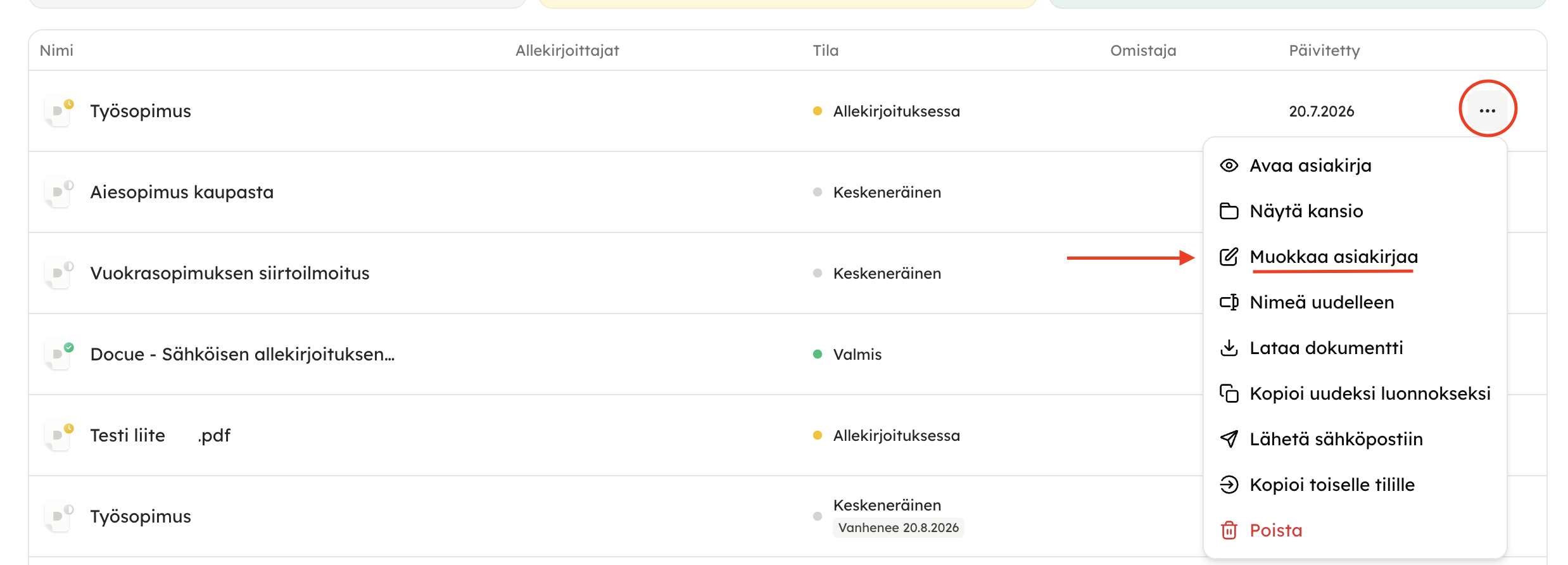 Kuvakaappaus 2: Asiakirjan esikatselusta: Avaa asiakirja ja napsauta oikean yläkulman painiketta Muokkaa asiakirjaa.