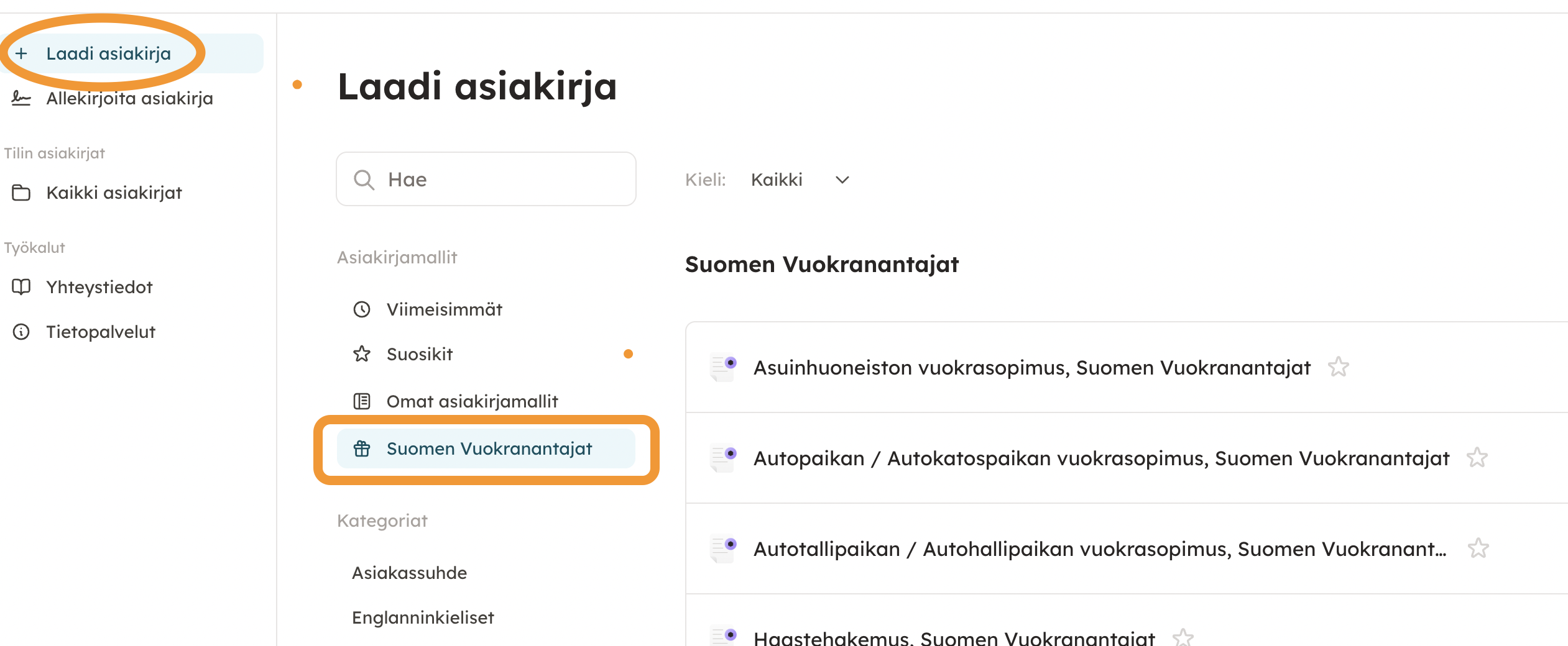 Kuvakaappaus 1: Kun Docuen käyttäjätunnuksellesi on aktivoitu Suomen Vuokranantajat ry:n jäsenetu, löydät etuun sisältyvät asiakirjamallit palvelusta alla o