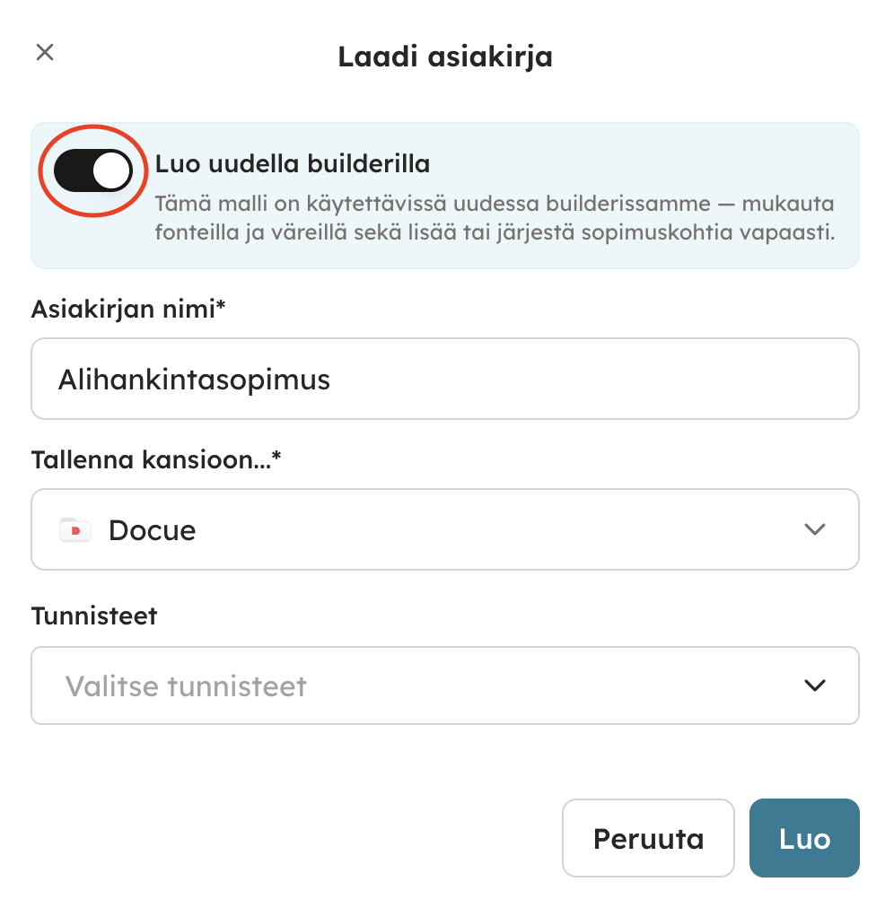 Kuvakaappaus 5: Asiakirjan jakamiseen laatimisnäkymästä vaikuttaa, onko se luotu uudella vai vanhalla laadintatyökalulla (builder):