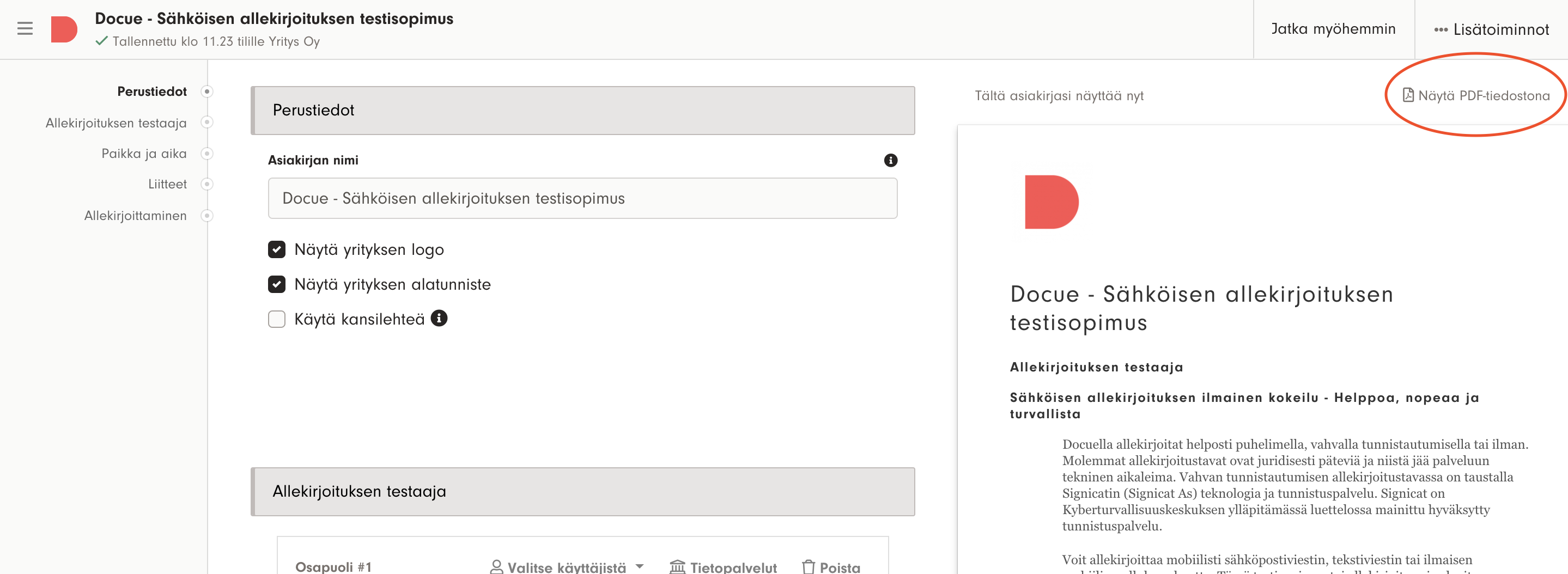 Kuvakaappaus 6: Näytä PDF-tiedostona - Voit avata asiakirjan tarkasteltavaksi PDF:nä ja sitten ladata koneellesi ja jakaa haluamallasi tavalla.
