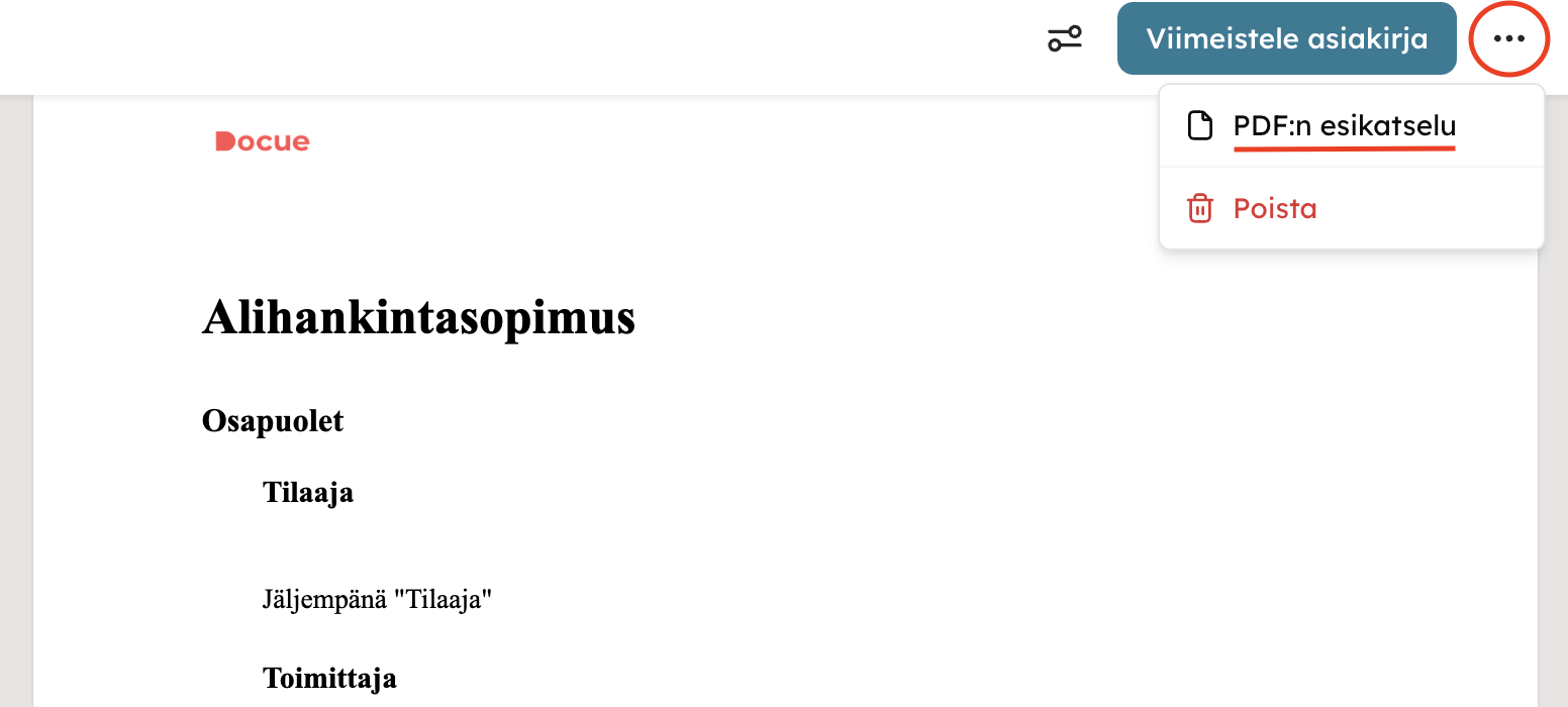 Kuvakaappaus 7: Voit avata asiakirjan PDF-muodossa napsauttamalla oikean yläkulman kolmea pistettä (···) ja valitsemalla PDF:n esikatselu. Esikatselussa voi