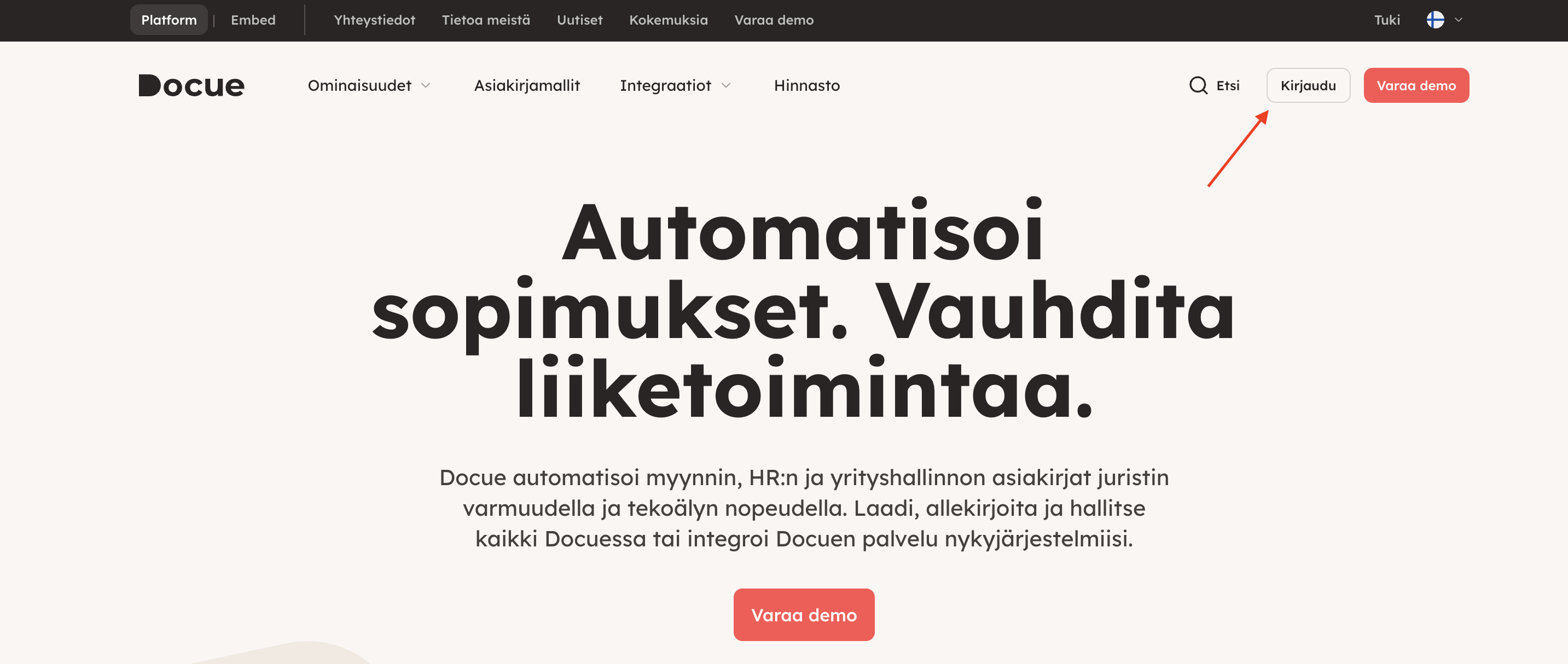 Kuvakaappaus 1: Valitse etusivun oikeasta yläkulmasta "Kirjaudu".