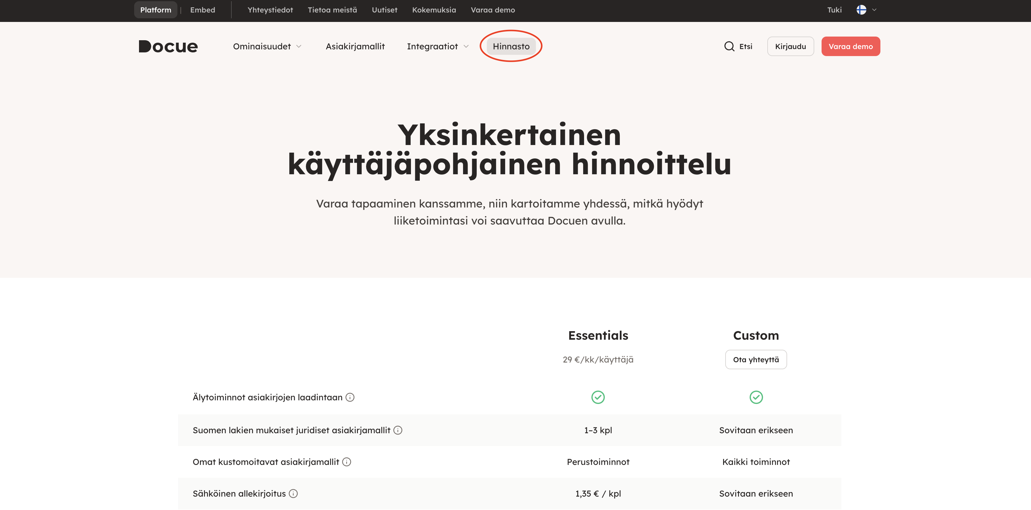 Kuvakaappaus 1: 1. Tutustu palvelumme asiakkuuksiin siirtymällä kohtaan hinnasto.