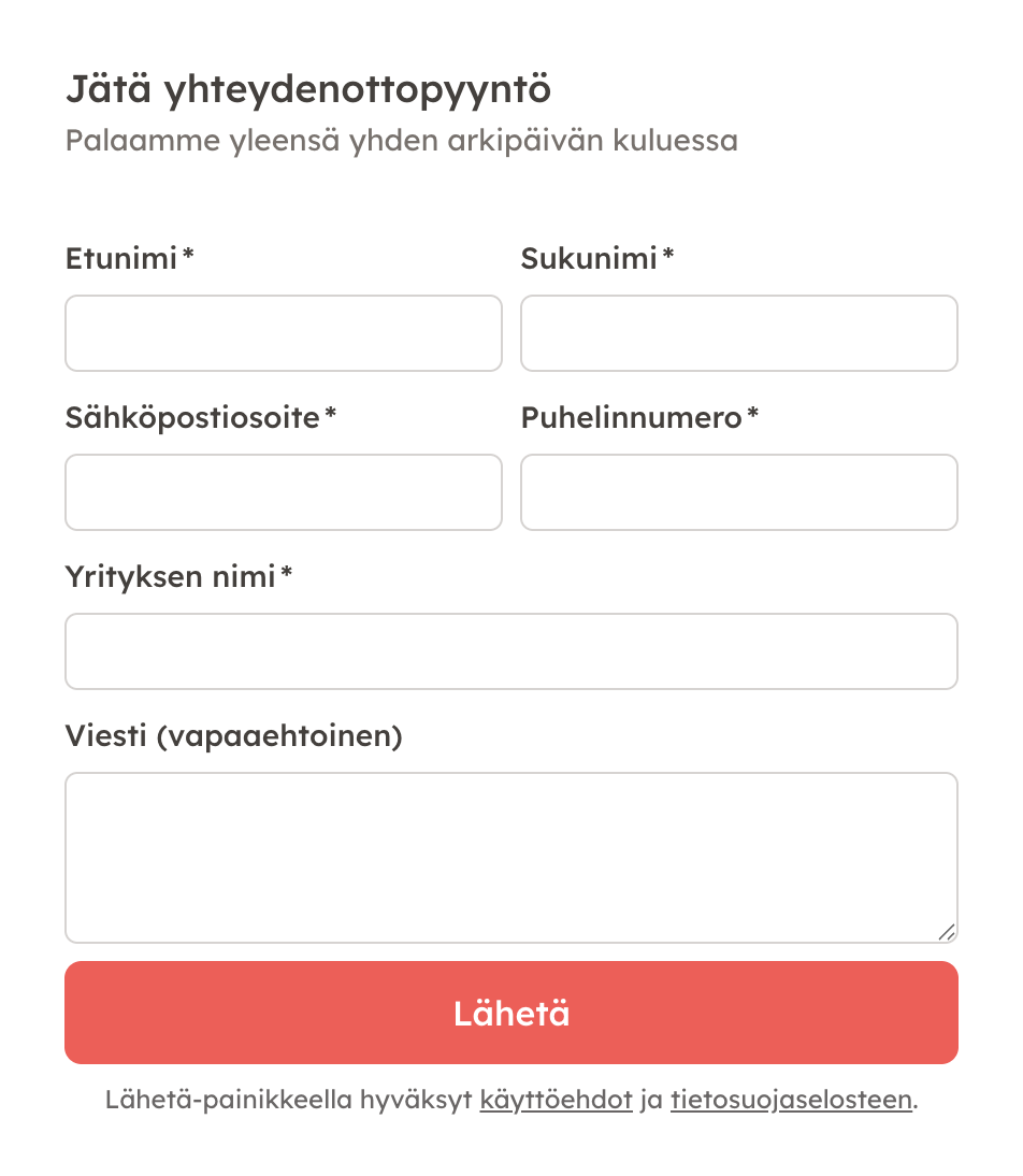 Kuvakaappaus 2: Täytä sivulta löytyvä lomake, niin tiimimme aktivoi haluamasi paketin puolestasi!