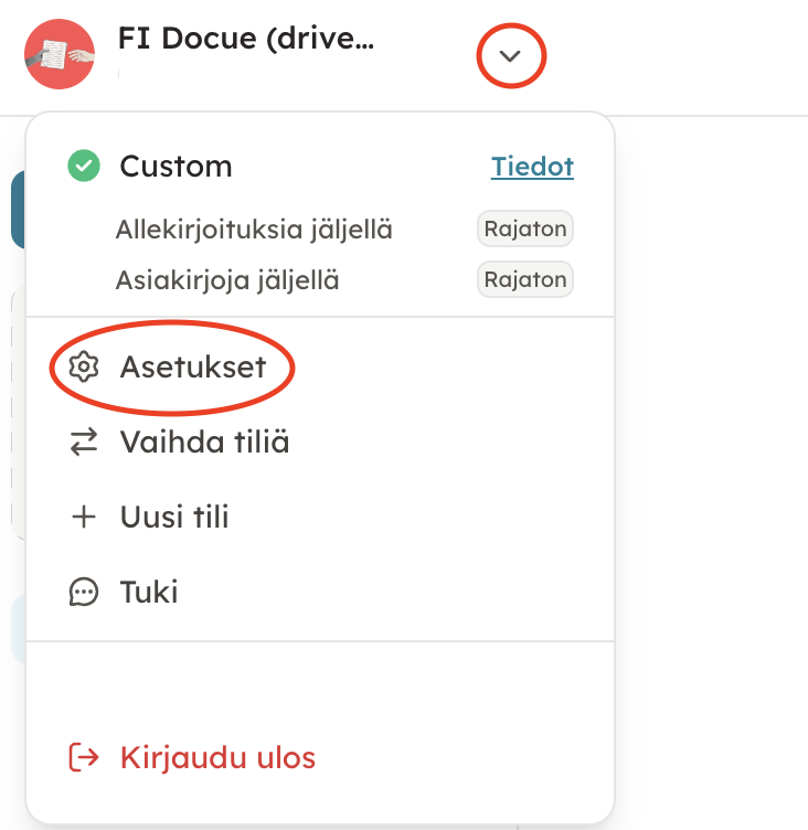 Kuvakaappaus 1: 1. Siirry asetuksiin (etusivulla vasemmalla ylhäällä, kun klikkaat tilin nimeä tai nuolta ➡️ avautuu valikko)