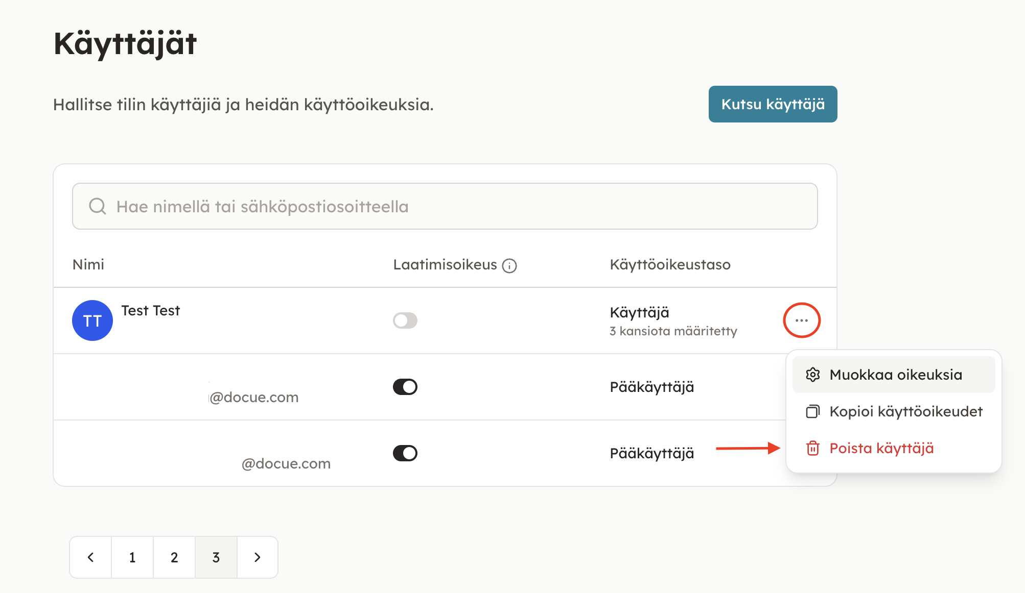 Kuvakaappaus 3: 3. Paina kolmesta pisteestä sen henkilön kohdalta, jonka haluat poistaa ja valitse Poista käyttäjä.