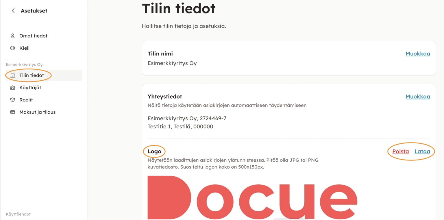 Kuvakaappaus 2: 2. Valitse "Tilin tiedot". Lisää logo valitsemalla "Lataa". Voit myös poistaa tilillä olevan logon "Poista" -toiminnon kautta.