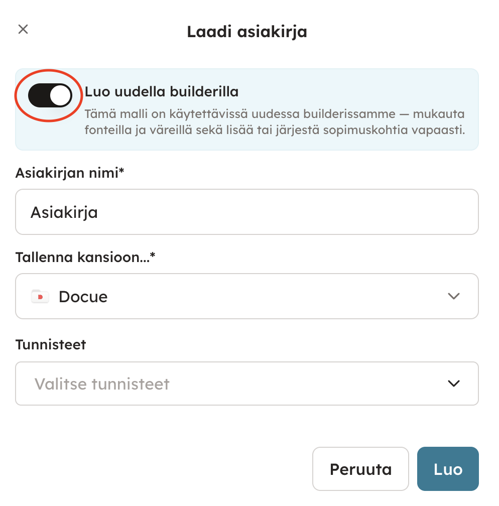 Kuvakaappaus 1: Asiakirjan tallentaminen keskeneräisenä riippuu siitä, laaditaanko asiakirja uudella vai vanhalla laadintatyökalullamme (builder):