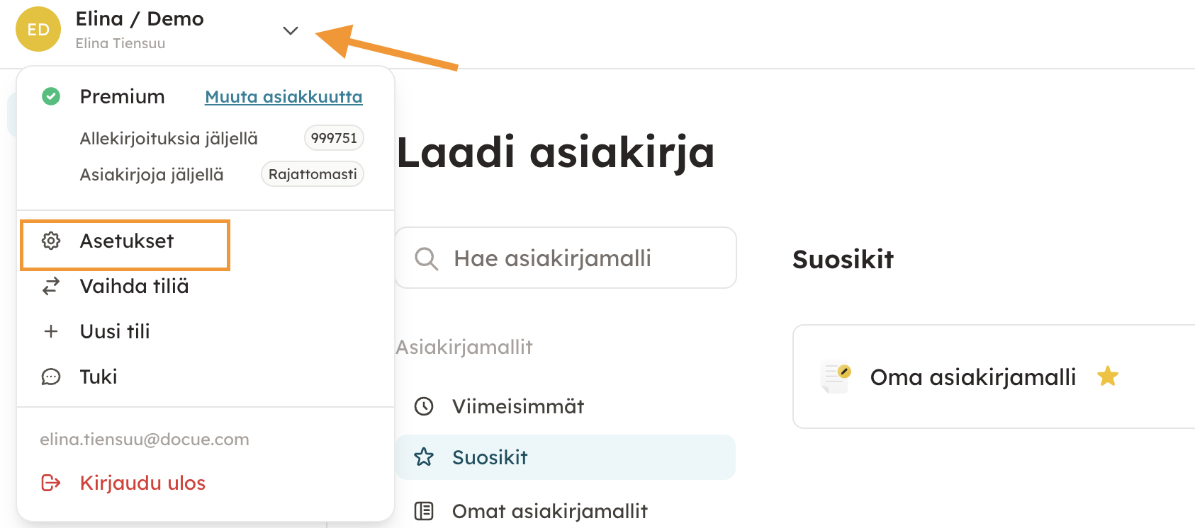 Kuvakaappaus 1: 1. Kirjaudu Docuen palveluun (suora linkki kirjautumissivuun: https://app.docue.com/login).2. Siirry asetuksiin sivun vasemmasta yläkulmasta