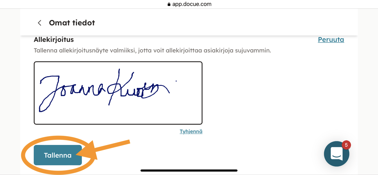 Kuvakaappaus 4: 5. Piirrä allekirjoituksesi kenttään. Kun olet tyytyväinen, paina "Tallenna". Voit myöhemmin muokata tai poistaa allekirjoituksesi, jos niin