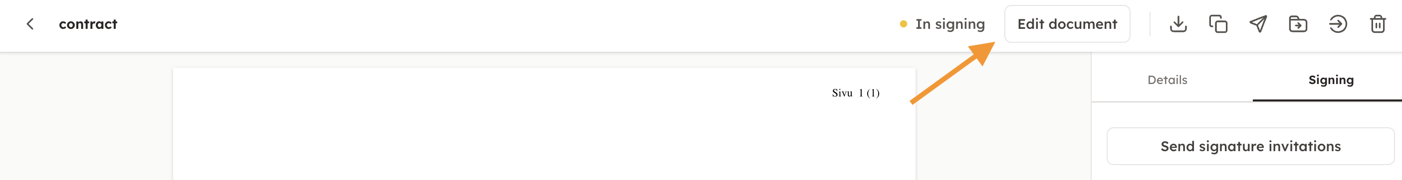 Screenshot 3: You can edit a document that has already been sent out for signing by opening the document details and selecting Edit Document: