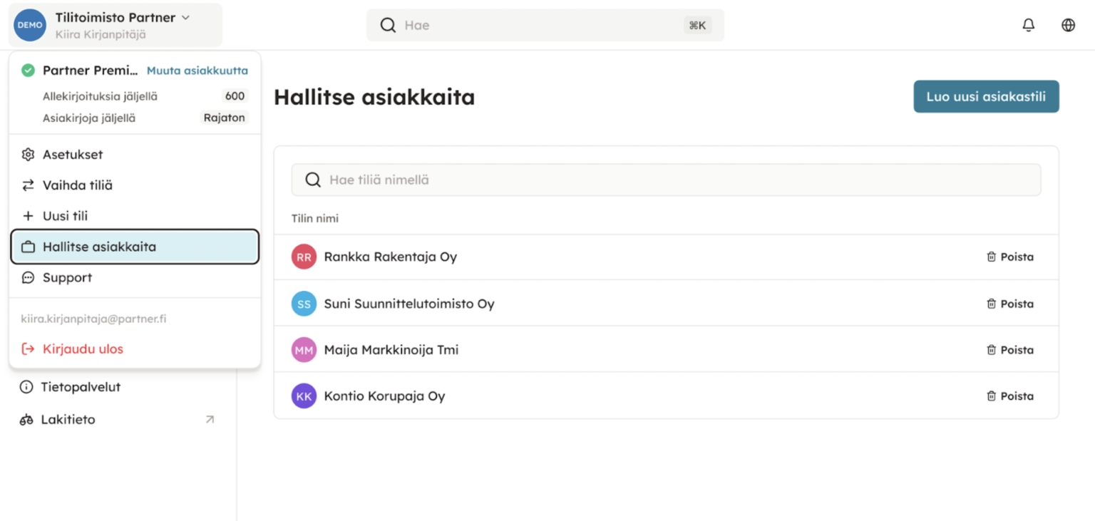 Kuvakaappaus 1: Voit avata tilit ja kutsua asiakkaasi palveluun päävalikon kautta kohdasta "Hallitse asiakkaita":