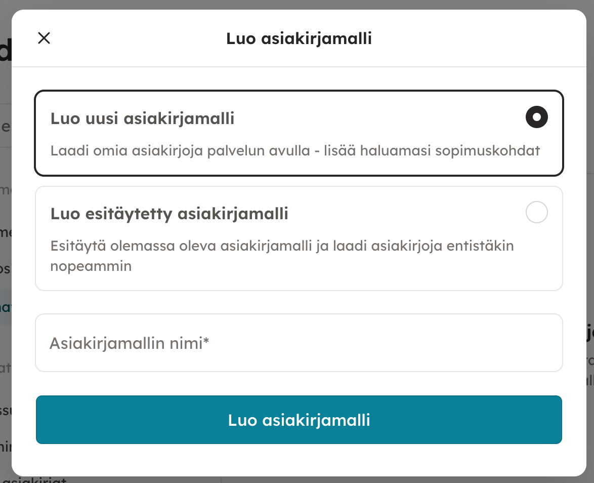 Kuvakaappaus 2: 2. Seuraavaksi voit valita, haluatko luoda mallin tyhjästä vai esitäytetyn asiakirjamallin jonkin palvelun mallin pohjalta (hyödynnä hakuken
