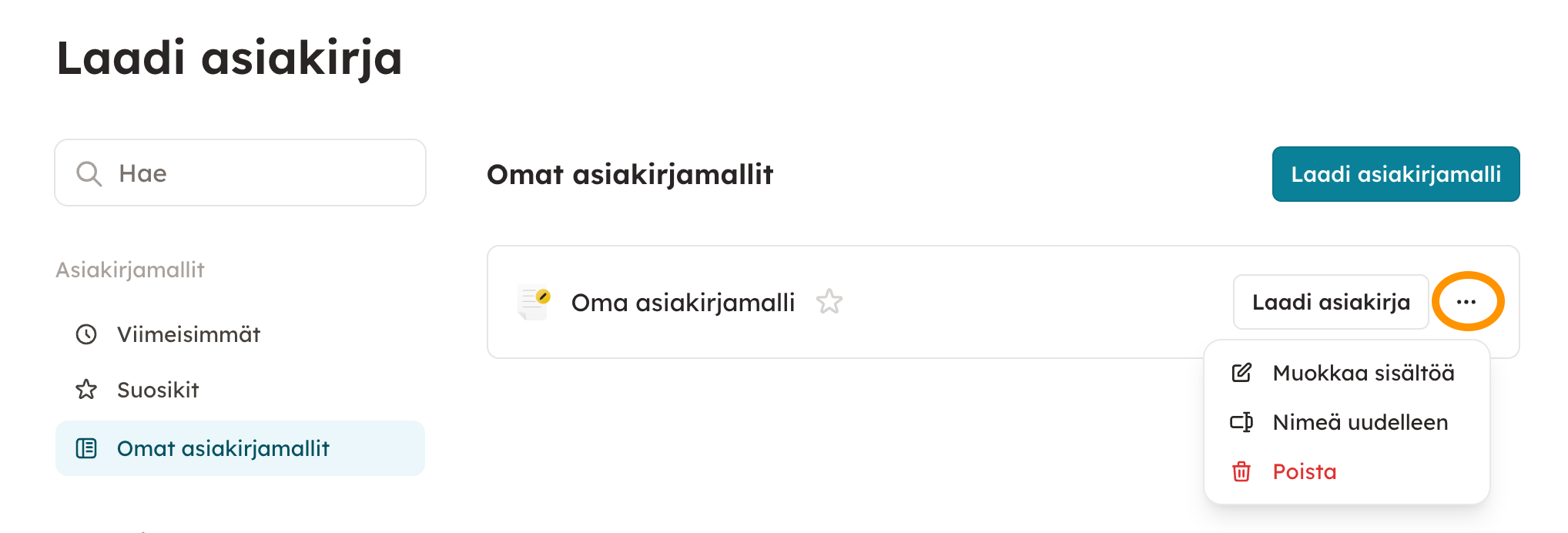 Kuvakaappaus 4: 4. Malli löytyy nyt Laadi asiakirja -välilehdeltä "Omat asiakirjamallit" -kohdasta ja on näkyvillä kaikille yritystilinne käyttäjille. Oman 