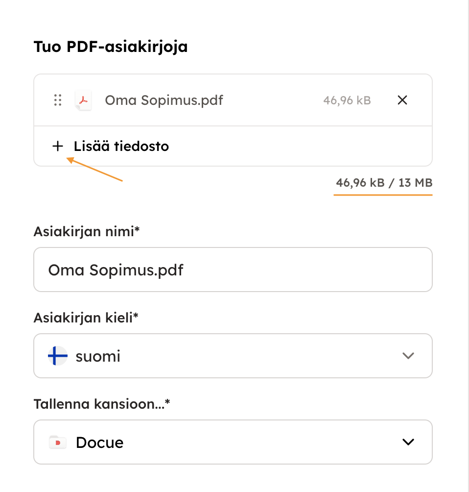 Kuvakaappaus 2: Asiakirjan tuotuasi voit halutessasi muuttaa sen nimeä, määrittää sen kielen (asiakirjan kieli toimii allekirjoituskutsujen oletuskielenä) s