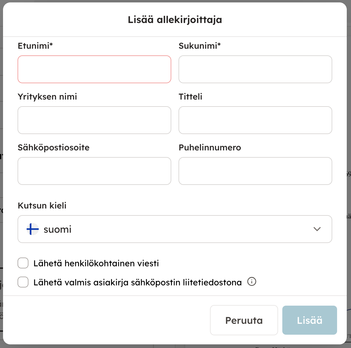 Kuvakaappaus 3: Allekirjoituskutsu lähetetään niihin yhteystietoihin, jotka tässä näkymässä tallennat, eli jos esimerkiksi haluat lähettää kutsun pelkästään