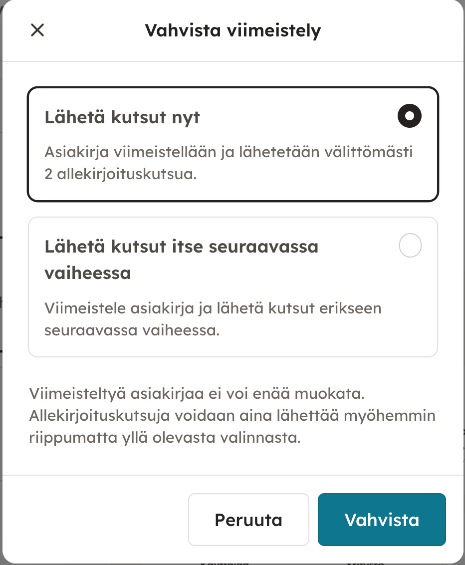 Kuvakaappaus 6: Kun kaikki osapuolet ovat allekirjoittaneet asiakirjan, siirtyy se palvelussa automaattisesti Valmis-tilaan ja kaikille osapuolille lähetetä