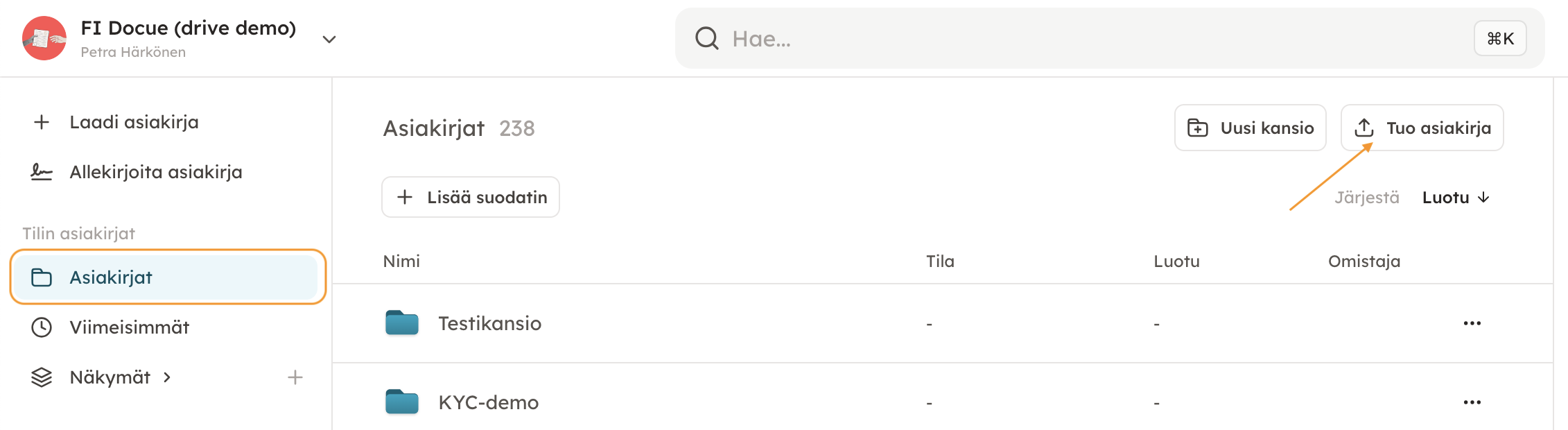 Kuvakaappaus 9: Saat tuotua oman PDF-tiedostosi palveluun menemällä kohtaan "Asiakirjat" ja klikkaamalla kohtaa "Tuo asiakirja".