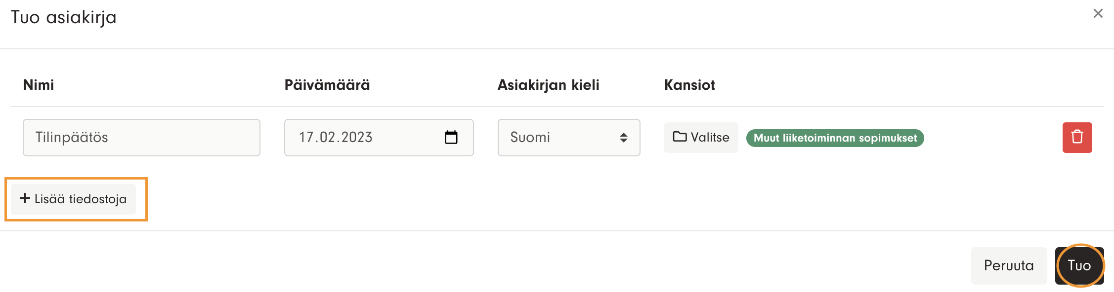 Kuvakaappaus 3: Valitse tiedosto laitteeltasi ja muokkaa tarvittaessa asiakirjan arkistointitietoja. Voit tuoda yhdellä kertaa enimmillään kymmenen tiedosto