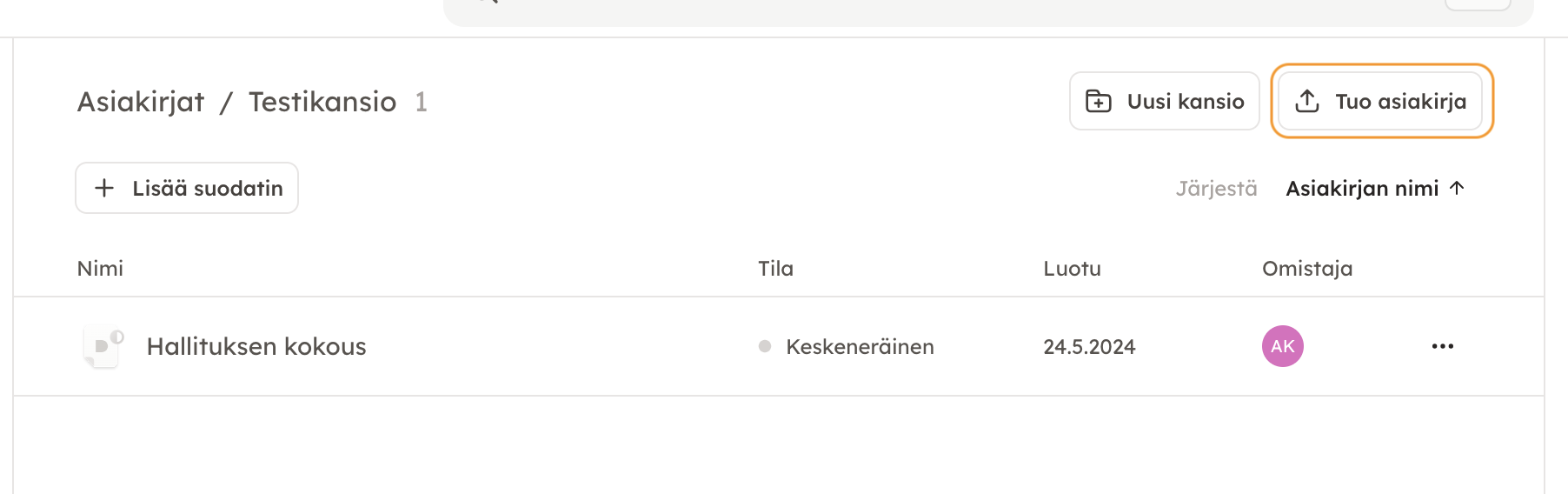 Kuvakaappaus 2: 2. Tämän jälkeen klikkaa "Tuo asiakirja".