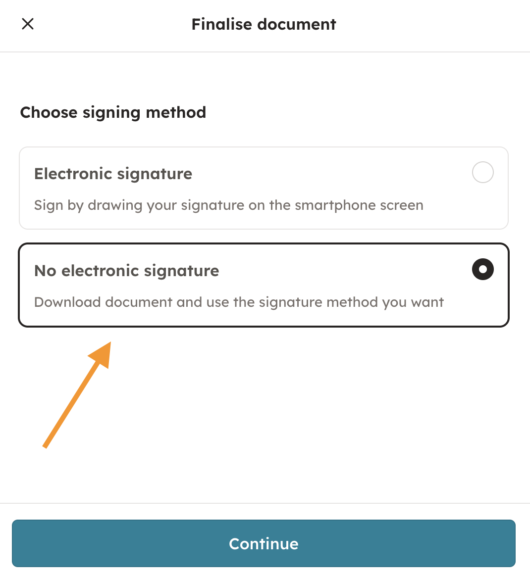Screenshot 1: Fill in the document you're about to print out and choose "No electronic signature". Confirm your choice by clicking "Continue".