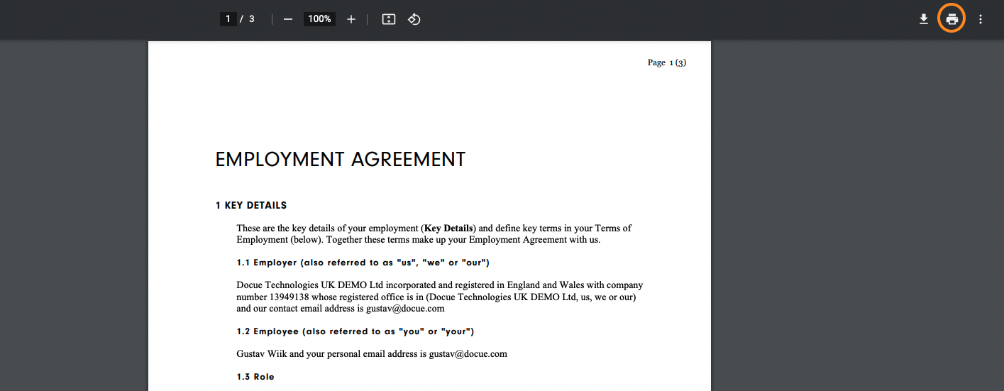 Screenshot 3: When reviewing the document, click on the printer icon in the top right corner. If the icon isn't visible, try scrolling the computer mouse 