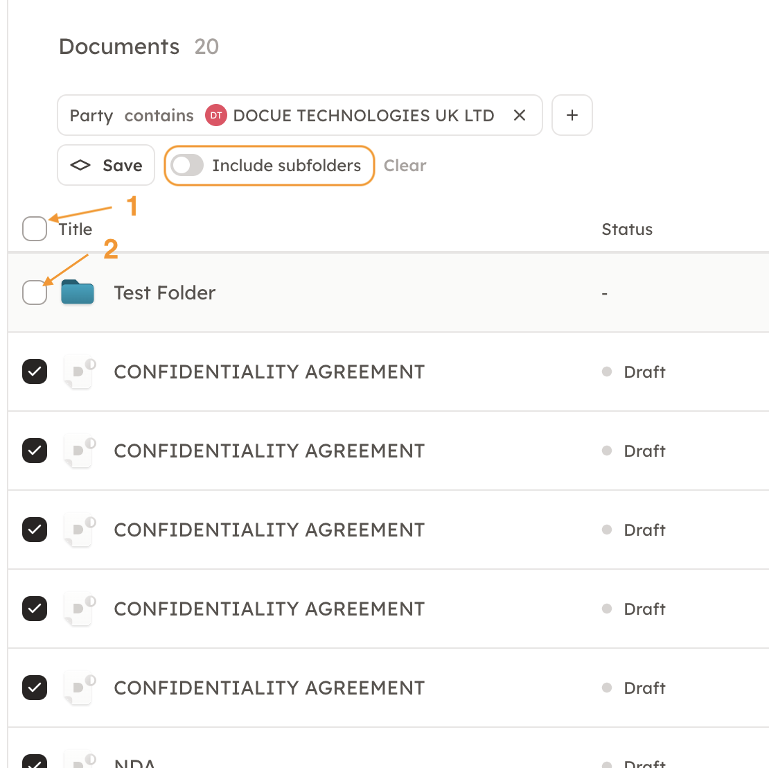 Screenshot 5: b) Once you have filtered the documents, click on the box next to "Title". This will select all the documents. Keep in mind, that if you hav