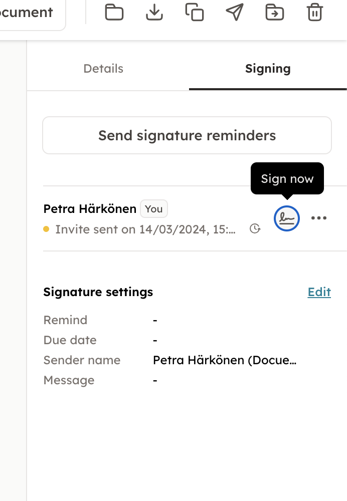 Screenshot 1: If you have yourself created a document you can sign it after finalizing the document, from the "Signing" section. In the Singing section, y
